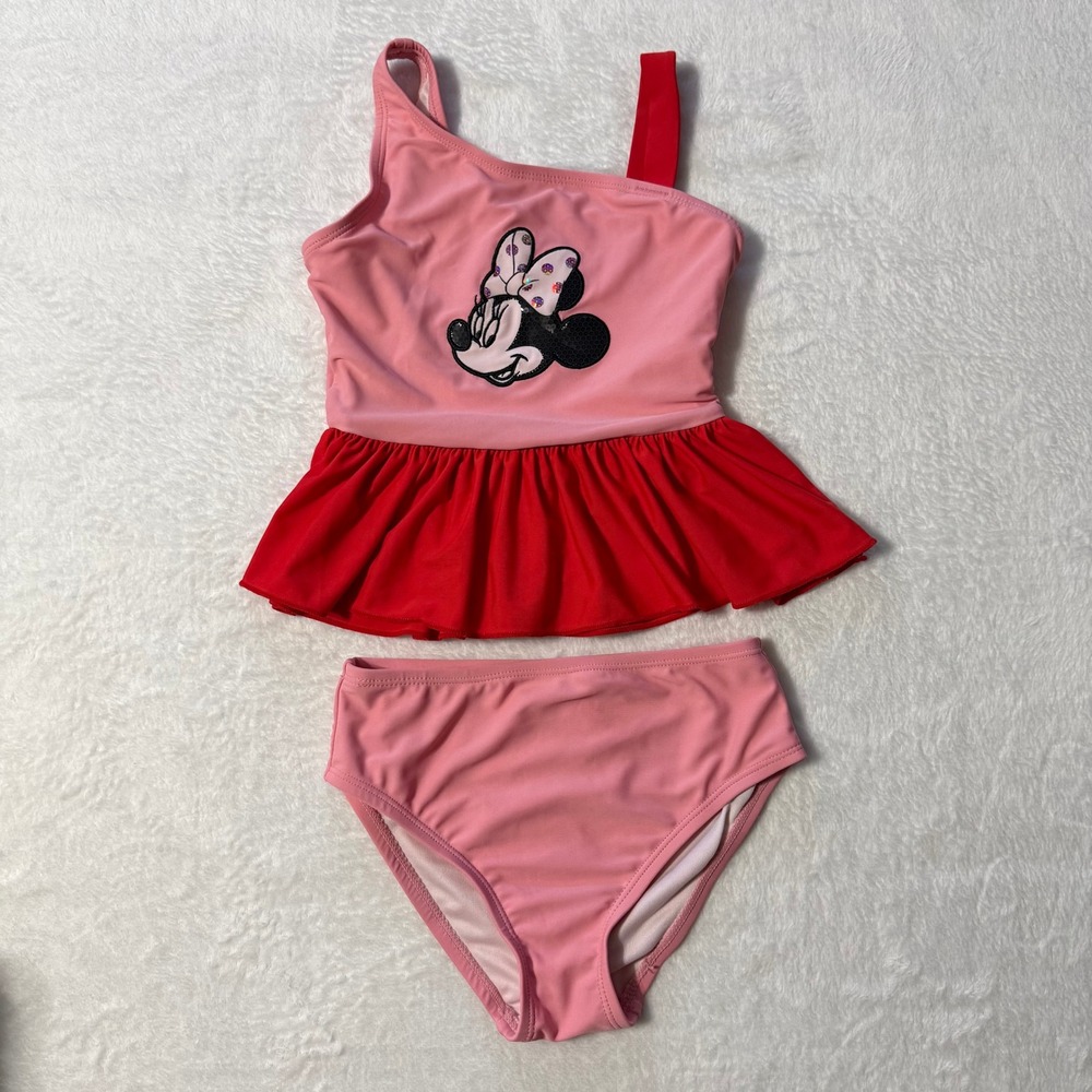 Disney Minnie Mouse Tankini Kid 5/6 Pink Red Sequin One Shoulder Peplum Swimsuit